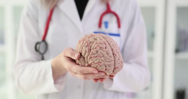 Il neurologo mostra l'anatomia cerebrale sul modello umano e la lesione cerebrale. Struttura del cervello umano - Filmati, video