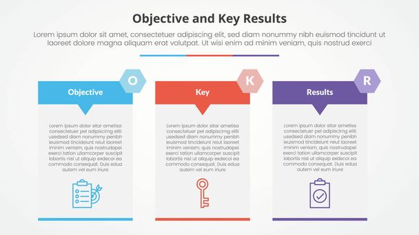 OKR objectives and key results framework infographic concept for slide presentation with big table arrow header badge with 3 point list with flat style vector - Vector, Image