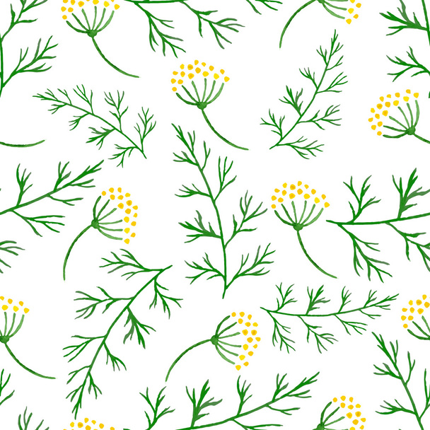 Stylized watercolor seamless pattern  sprigs of greenery, dill or fennel. Vector flower dill seamless background. Herbs food ingridients - Vektor, kép