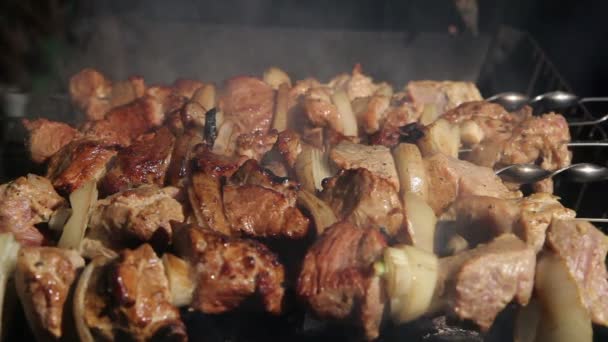 Mięso z grilla na ogniu - Materiał filmowy, wideo