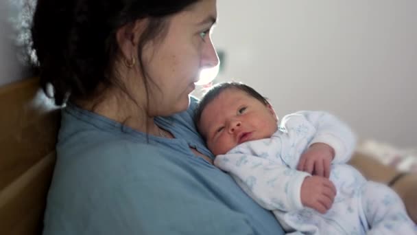 Žena drží své novorozeně dítě v útulné ložnici, pracuje na notebooku, předvádí směs rodičovství a vzdálené práce, moderní rodinný život, a pečující o mateřskou péči - Záběry, video