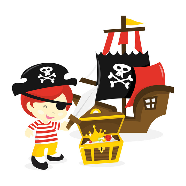 Caricatura pirata chico barco y tesoro
 - Vector, imagen