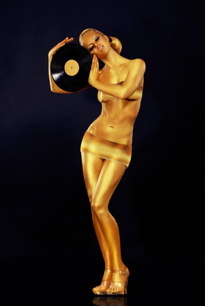 Woman Painted Gold With Vinyl Record - Φωτογραφία, εικόνα