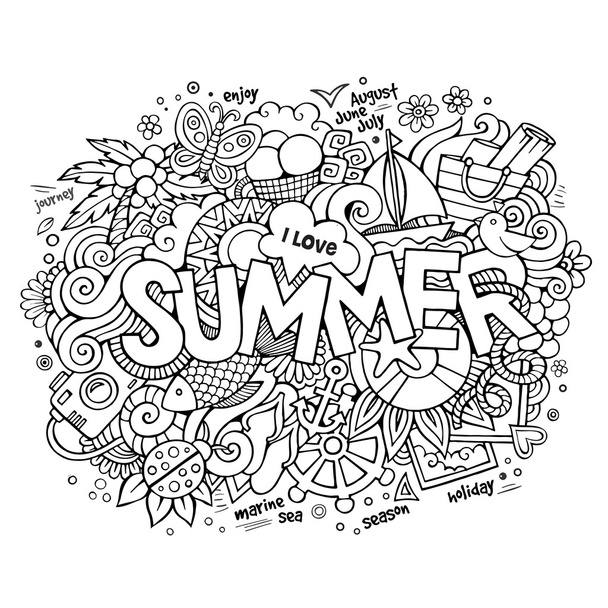 zomer hand belettering en doodles elementen - Vector, afbeelding