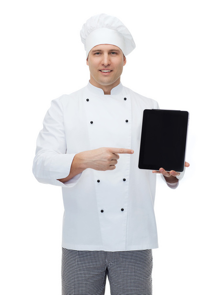 happy male chef cook showing with tablet pc - Fotoğraf, Görsel