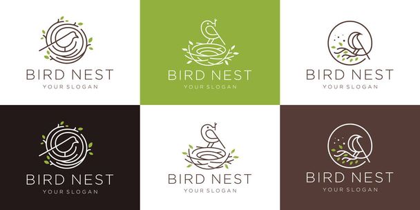 inspiraatio lintu pesä logo suunnittelu malli. minimalistinen logo lintu mono linja, linja juuret symboli ja lehtiä vihreä vektori kuva. - Vektori, kuva