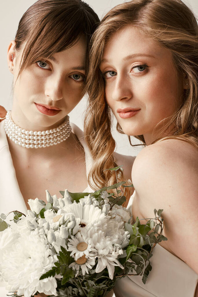 Two beautiful brides in white wedding attire embrace, holding a bouquet of white flowers. - Photo, Image