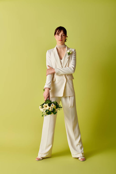 A woman in a white suit holds a bouquet of flowers, standing against a green background. - Zdjęcie, obraz