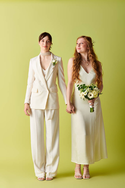 Dwie panny młode w białej sukni ślubnej stoją ramię w ramię, promieniując miłością i szczęściem na zielonym tle. - Zdjęcie, obraz