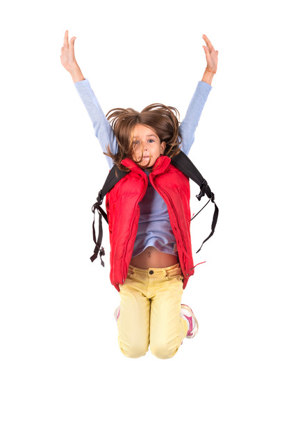 Nuori tyttö opiskelija hyppää
 - Valokuva, kuva