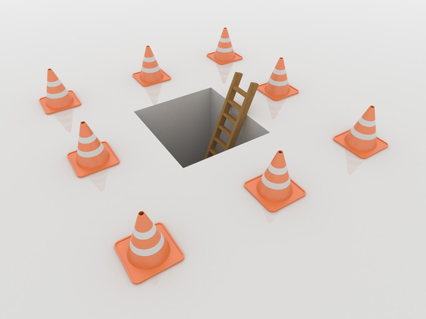 Tráfego Cones em torno de bueiro e escada, 3D Render
 - Foto, Imagem