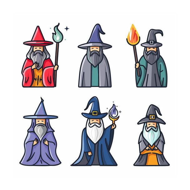 Sei maghi dei cartoni animati vesti colorate cappelli magici bastoni incantesimi isolato sfondo bianco. Anziani stregoni maschi gesti magici personaggi fantasy costumi luminosi. Figure mistiche che reggono bacchette - Vettoriali, immagini