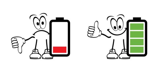 Cartoon Life energy mascot. Stickman with red, green low battery or stick man with green full level. Charge indicator pictogram. Happy and unhappy, Energetic, tired or exhausted symbol. - Vector, Image