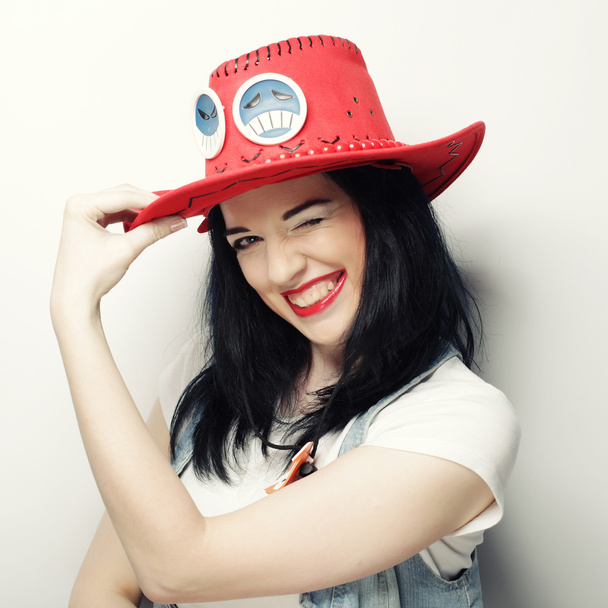 Portrait of Trendy Hipster Girl in Red Hat - Foto, imagen