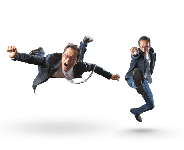 Funny acting emotion of business man on white background - Foto, Imagen