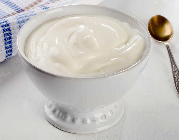 Greek yogurt in  white bowl   - Zdjęcie, obraz