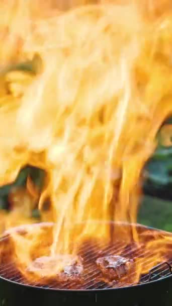 Detailní záběr hořícího grilu na zahradním pozadí s velmi velkým plamenem. Grilování masa pečeně - Záběry, video
