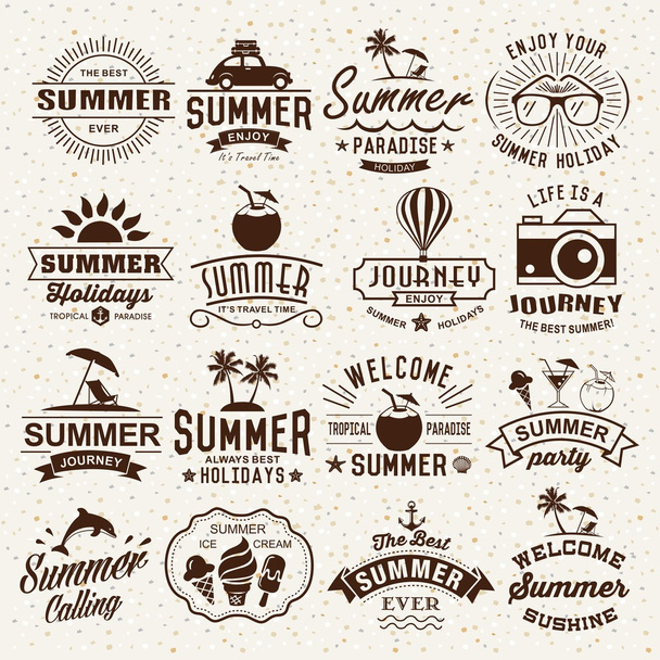 Summer typography designs. Summer logotypes set. Vintage design elements, logos, labels, icons, objects and calligraphic designs. Summer holidays. - Вектор,изображение