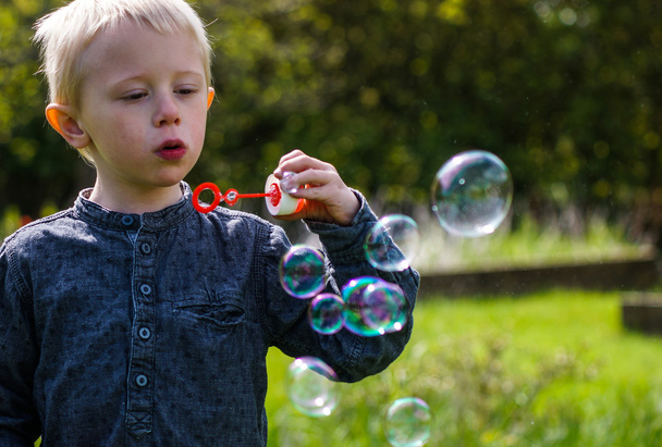 One Little boy blows soap bubbles in the garden on a summer day - Photo, Image