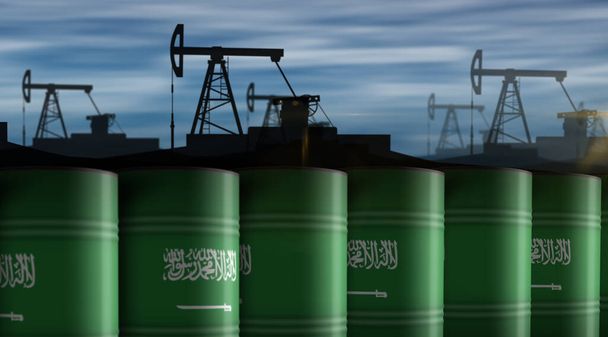 Saoedi-Arabië olie ruwe aardolie vaten in rij concept. Saoedi-Arabische benzine bedrijf en brandstof extractie industriële containers 3d illustratie. - Foto, afbeelding