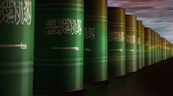 Saudi-Arabien ölt Rohöl in Fässern in Reihe. Saudi-arabisches Benzingeschäft und die Gewinnung von Treibstoff industrielle Container 3D-Illustration. - Foto, Bild