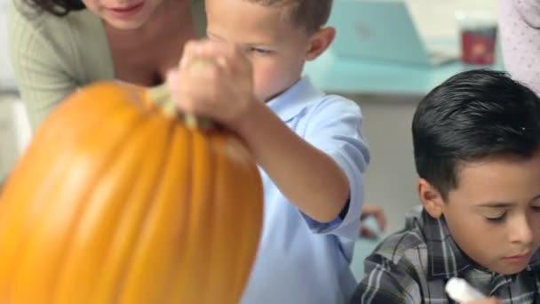 Mothers Children Making Halloween Lanterns - Filmati, video