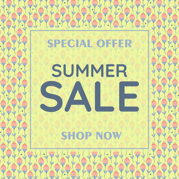 Summer sale banner, discount poster with flowers. Hot season discount business concept. Invitation for shopping flat design. special offer card, template for design. - Vector, Image