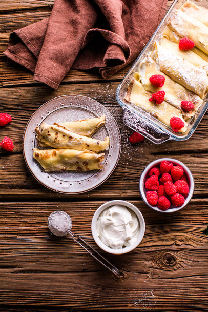 Crepe with cottage cheese , homemade traditional Ukrainian dish nalysnyky - Photo, Image