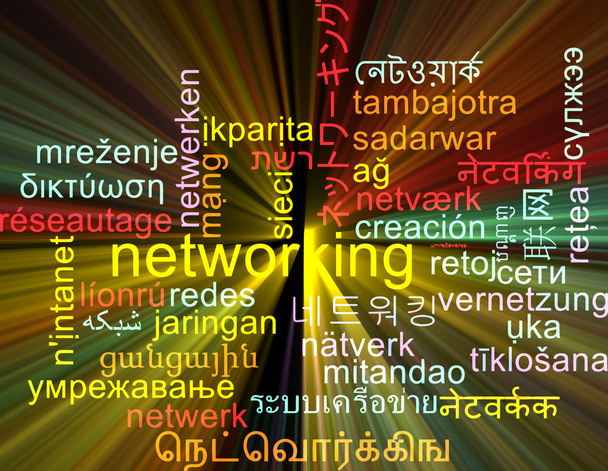 Hálózatépítés, többnyelvű wordcloud háttér koncepció izzó - Fotó, kép