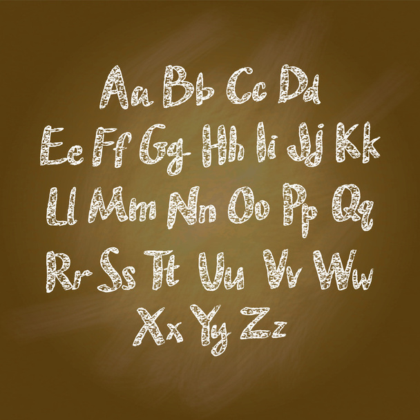 Brown Wood school desks set and hand-drawn chalk alphabet - Διάνυσμα, εικόνα