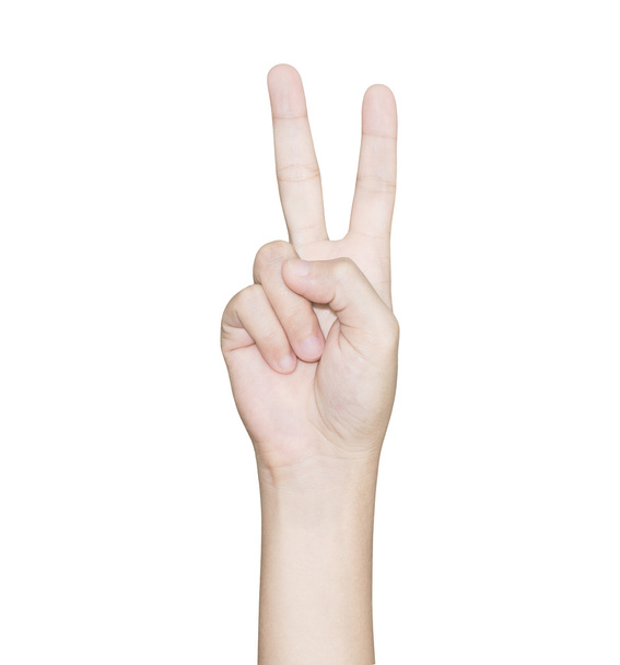closeup hand gesture victory isolated white clipping path inside - Foto, Imagem