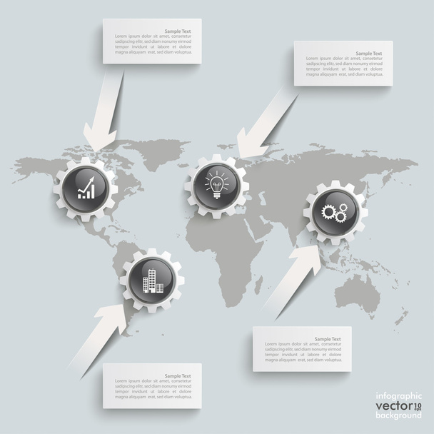 Infographic World Map Gears Black Buttons - Vektör, Görsel