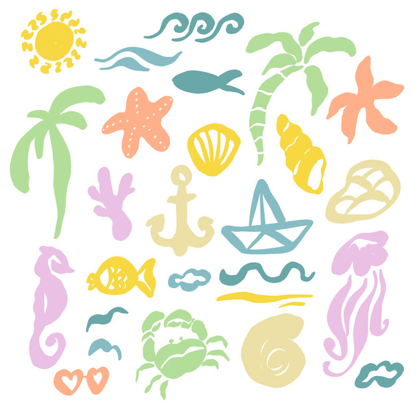 Wektor ocean plaży ikony zestaw słońca, fala, elementy kwiatowe i zwierzęta tropikalne. Ręcznie rysowana letnia kolekcja izolowana na białym tle. Ilustracja projektu, druku, tkaniny lub tła - Wektor, obraz