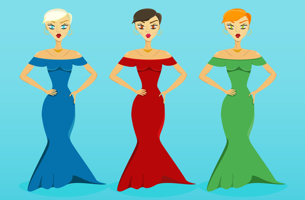 Γυναίκες σε ένα βραδινό φόρεμα από διαφορετικά χρώματα - Διάνυσμα, εικόνα