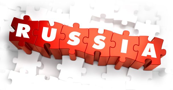 Mot blanc Russie sur les puzzles rouges sur fond blanc. Expéditeur 3D
 - Photo, image