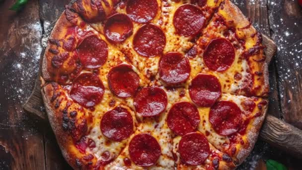 Top näkymä herkullinen pepperoni pizza maalaismainen puinen pöytä, ympäröi tuoreita ainesosia. Täydellinen ruoka ja kulinaarisia teemoja. - Materiaali, video