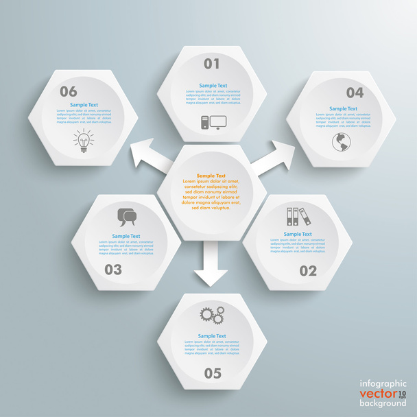 6 White Hexagons 3 Arrows Infographic - Vettoriali, immagini
