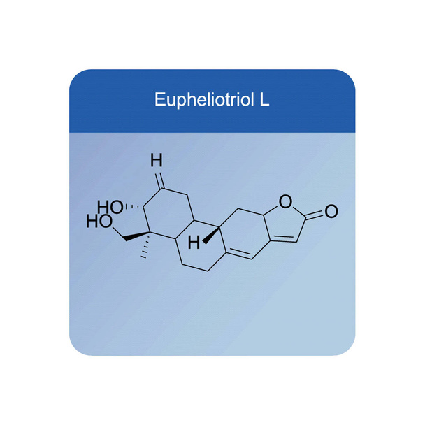 Eupheliotriol L skeletal structure diagram.Diterpenoid compound molecule scientific illustration on blue background. - Vector, imagen