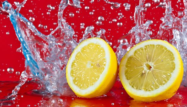 Una exhibición dinámica de tres rodajas de limón congeladas en el aire, rodeadas de un animado chorro de agua, sobre un vibrante telón de fondo rojo - Foto, Imagen