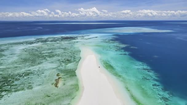 Nakupenda adasının havadan görünüşü, okyanustaki kumsal, beyaz kumlu plaj, yaz günü Zanzibar 'da alçak gelgitte mavi deniz. Üstten kumlu hava aracı manzarası, berrak gök mavisi suyu, bulutlu gökyüzü. Tropik - Video, Çekim