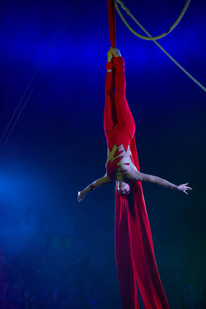 Correias aéreas profissionais sedas mulher ginasta circo desempenho na arena azul com fundo escuro retroiluminado com luzes de concerto coloridas, realizando elemento ginástica - Foto, Imagem