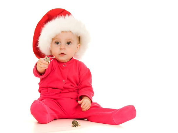 Happy Christmas bell ringing baby on a white background - Foto, Imagem