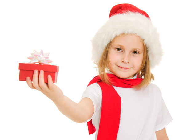 Happy Christmas child with a box on a white background. - Fotoğraf, Görsel