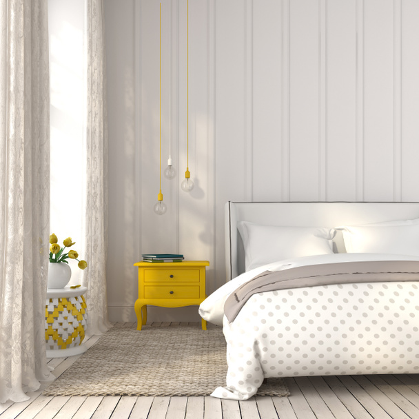 Chambre lumineuse avec table de chevet jaune
 - Photo, image