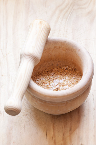 Close-up view of organic Gomasio in a ceramic bowl - Photo, Image