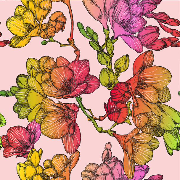美しい春 freesias のシームレス パターン - ベクター画像