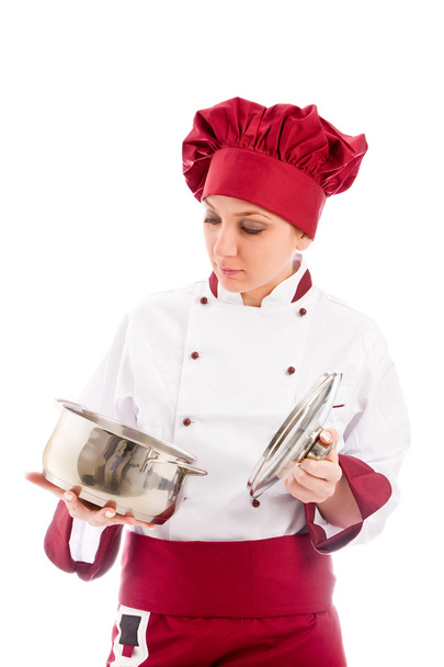 Chef with pot in her hands - Valokuva, kuva