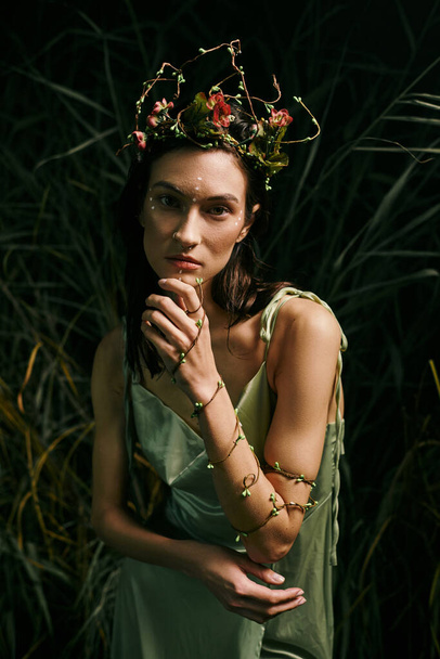 Kobieta w płynącej zielonej sukience i kwiatowej koronie stwarza wśród bujnych liści. - Zdjęcie, obraz
