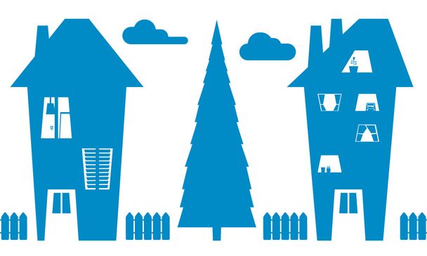 Casas y siluetas de árboles
 - Vector, Imagen