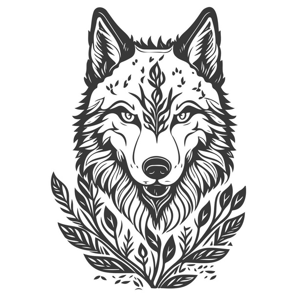 wolf dapper met bloemen voorjaar illustratie schets grijs - Vector, afbeelding